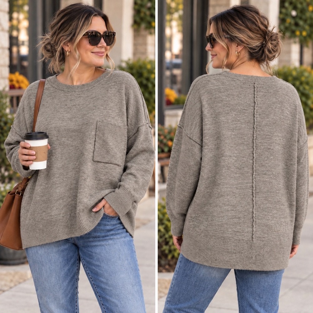 Zenana Melange Oversized Pocket Sweater Women's Medium Heather Cocoa Hi Low Hem